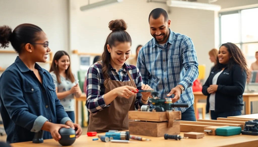 Engaged participants in skilled trades training focus on practical skills in a vibrant classroom.