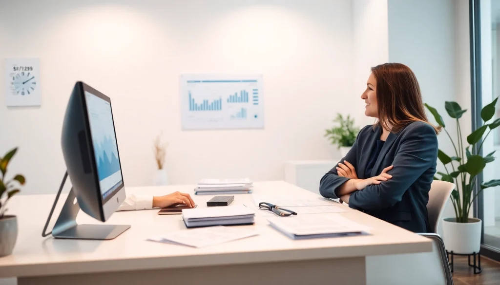 Interesująca scena w Biurze rachunkowym prezentująca profesjonalne usługi księgowe w nowoczesnym biurze.