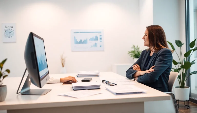 Interesująca scena w Biurze rachunkowym prezentująca profesjonalne usługi księgowe w nowoczesnym biurze.