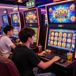 Player enjoying slot bet 200 perak in an exciting online casino setting, vibrant atmosphere full of animated graphics