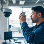 InstalaciĂłn de cámaras de alta tecnologĂa por un tĂ©cnico experimentado de una empresa de seguridad en una oficina moderna.