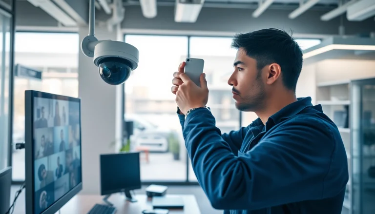 Instalación de cámaras de alta tecnología por un técnico experimentado de una empresa de seguridad en una oficina moderna.