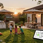 Outdoor living configurator showcasing a family-friendly patio design with grilling and dining area