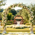 Hochzeits location mit einer eleganten Zeremonie im Freien, ausgestattet mit Blumen.