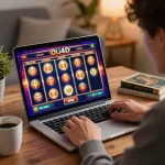 Player enjoying vibrant oli4d slot games on a laptop, showcasing a cozy home gaming atmosphere.