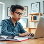 Find effective remote exam help strategies demonstrated by a dedicated student in a bright home office.