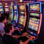 Players spinning the reels on diverse slot777 machines in a lively casino atmosphere.