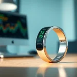 Showcasing Smart Health Ring with vibrant metrics and sleek design in a professional setting.