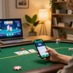 Engaging with HB88 mobile app while strategizing poker gameplay in a cozy setting