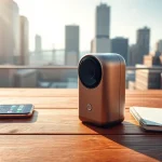 Capture of the insta360 antigravity a1 showcasing its sleek design against an urban backdrop.