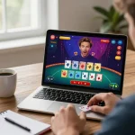 Online gambling at nhà cái 388bet with player focused on live dealer blackjack game interface in a cozy home setup.