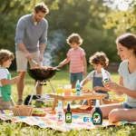 Family enjoying outdoors while using mosquito repellent products during a summer barbecue.