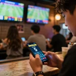 Kèo nhà cái 5 sports betting scene with mobile app user engaged in live betting action.