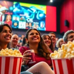 Enjoying a movie experience while watching gowatchseries with friends in a lively cinema setting.