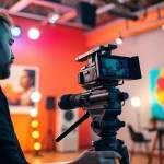 Filming a dynamic scene by Oronto video production company with vibrant studio colors.