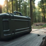 Display of a pelican rifle case emphasizing rugged design and outdoor suitability.