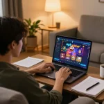 Experience apk gacor gameplay on a laptop in a cozy home environment with strategic elements.
