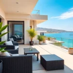 Relaxing balcony of an apartment for rent in Alanya, Turkey, showcasing stunning views of the Mediterranean.