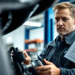 Skilled technician examining a vehicle under a stark light, focusing on the extended warranty provider.