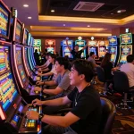 Dynamic slot gacor gameplay in a vibrant casino atmosphere with players celebrating wins