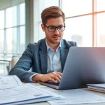 Consultant handling registration and certification in Federal databases for federal contracts in a bright office.