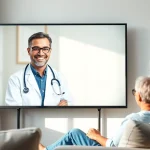 Engaging online doctor visit pay per visit with a friendly clinician and patient in a home environment.
