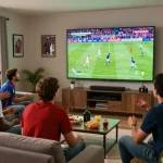 CàkhịaTV fans enjoying a thrilling live football match in a vibrant, joyful atmosphere.