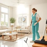 Book cleaning services near me and see a friendly cleaner transforming a bright living room.