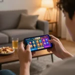 Player engaging in online casino gaming on FB88 app, showcasing mobile gameplay excitement.