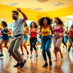 People joyfully engaging in dance, embodying the spirit of movin and groovin in a vibrant studio setting.