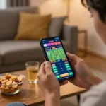 Experience the thrill of winstrike69 with a person placing live sports bets on a smartphone in a cozy home setting.
