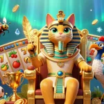 Nohu90 showcases a vibrant 3D illustration of a pharaoh cat and ibis in a casino-themed environment, blending classic and dynamic elements.