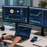 Bitcoin mining contract analytics displayed on multiple monitors in a modern cryptocurrency trading workspace, emphasizing security and investment strategies.