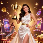 Spin slots with winning symbols in a vibrant casino scene featuring a victorious woman.