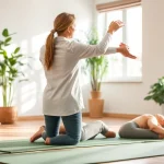 Guide to back pain remedies featuring a physiotherapist assisting a patient with stretches.