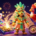 Play themed slot games with idnslot featuring a Mayan priest, quetzal bird, and dynamic casino elements.