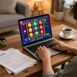 Player enjoying Fafa828 online slots from home with engaging interface and gaming strategy notes