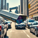 Capturing automatic license plate recognition through a high-tech camera in an urban environment.