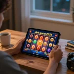 Player engaging in vibrant slot-gacor2026 game at home with tablet, cozy atmosphere.