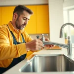 Plumber near me fixing a sleek new sink in a bright kitchen setting.