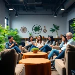 Die Blütenbande Mitglieder genießen entspannende Momente in einem einladenden Cannabis Social Club.