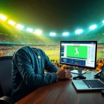 Expert making IPL match betting predictions with data analysis tools and a thrilling cricket backdrop.