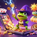 Experience the thrill of UFABET gaming with a vibrant 3D illustration featuring a wizard frog and a chameleon amidst a storm of coins.