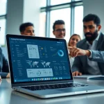 Showcase of enterprise assistant software being utilized by diverse professionals in a modern office.