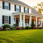 Beautiful colonial home build highlighting classic architecture and lush garden.
