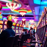 Pengunjung bermain situs slot di kasino dengan mesin slot berwarna-warni dan suasana ceria.