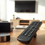 Verwenden Sie die Telefunken Fernbedienung XF, um Geräte in einem modernen Wohnzimmer zu steuern.