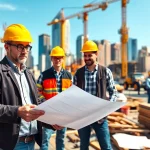 New York Construction Manager overseeing a vibrant urban construction site, illustrating teamwork and planning.