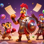 Link Slot Gacor Igamble247: 3D cartoon rooster in a dynamic casino scene with lottery elements.
