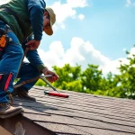 Roof repair technician evaluating a roof's condition with tools, exemplifying expertise and reliability.